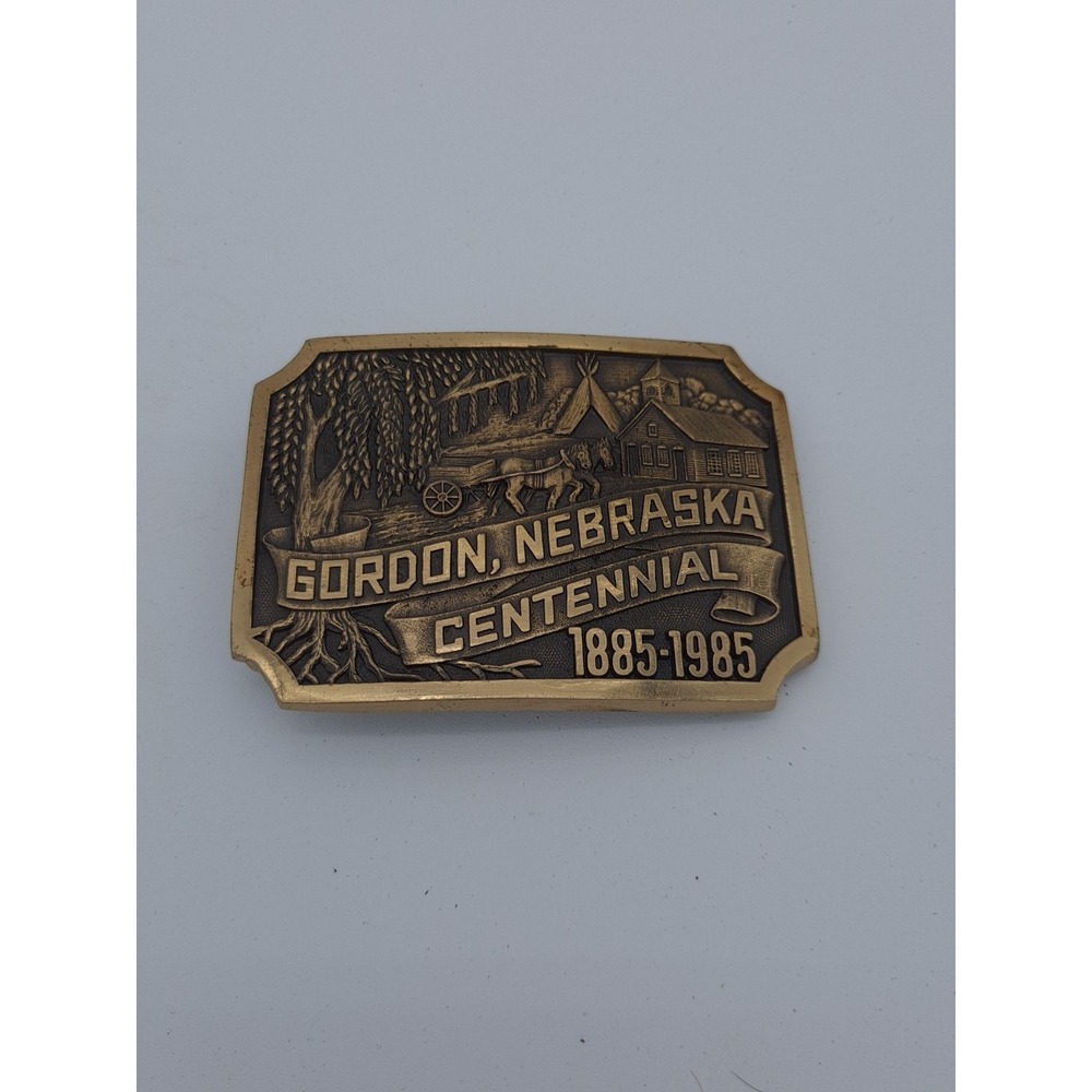1985 GORDON NEBRASKA BRASS CENTENNIAL BELT BUCKLE CLEAN 1885-1985